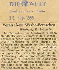 Zeitungsausschnitt zum Thema Werbefernsehen-Einführung aus der Welt (1953). Quelle: Staatsarchiv Hamburg